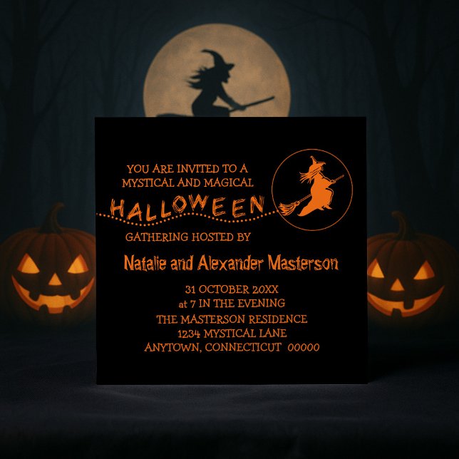 Flygande Witch Halloween Inbjudan, Black & Orange Inbjudningar (Black and Orange Flying Witch Halloween Party Invite)