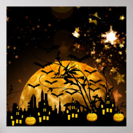 Flygande Witch Harvest Måne Fladdermus Halloween-g Poster
