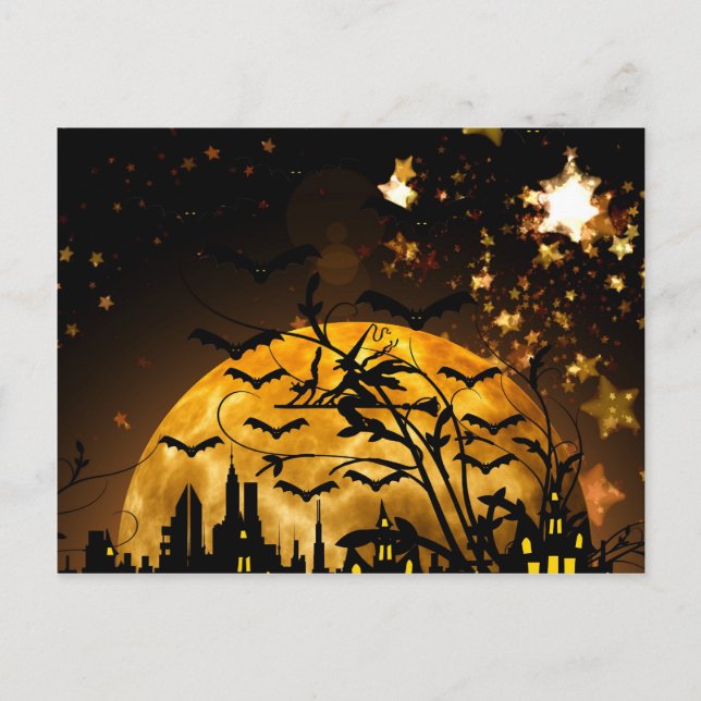 Flygande Witch Harvest Måne Fladdermus Halloween-g Vykort (Framsida)