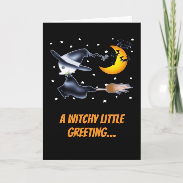 Flygande Witch och Crescent Måne Halloween Night Kort (Framsida)