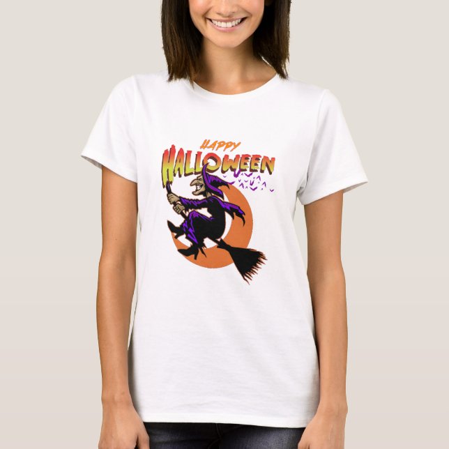 Flygande Witch och Fladdermöss i happy halloween T Shirt (Framsida)