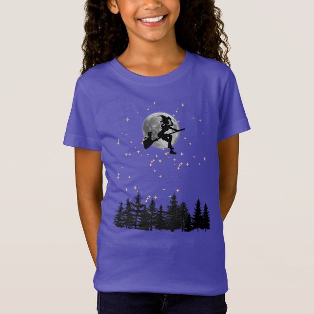 Flygande Witch Ove-skog på en fullmånnatt T Shirt (Framsida)