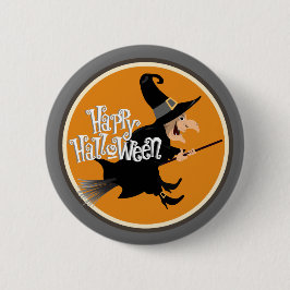 Flygande Witch på Broom Halloween Knapp