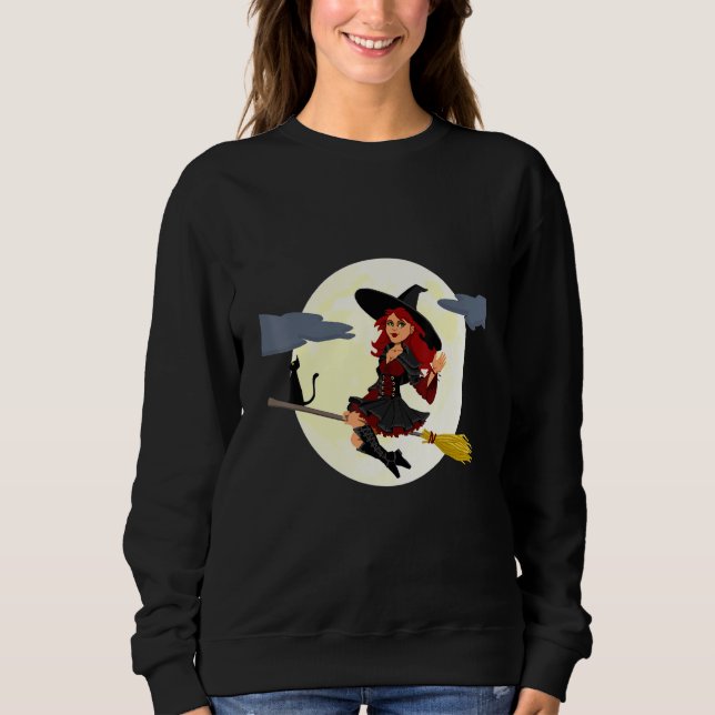 Flygande Witch på Broom Halloween T Shirt (Framsida)