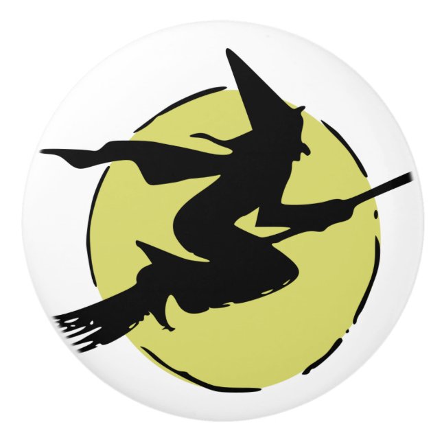 Flygande Witch Riding a Broom, Full Moon Halloween Knopp (Framsidan)