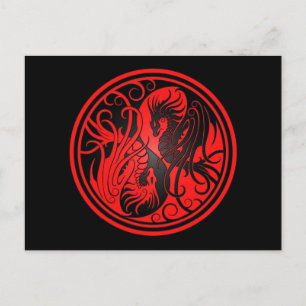 Flygande Yin Yang Dragons - röd och svart Vykort