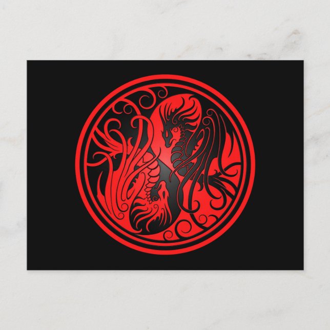 Flygande Yin Yang Dragons - röd och svart Vykort (Framsida)