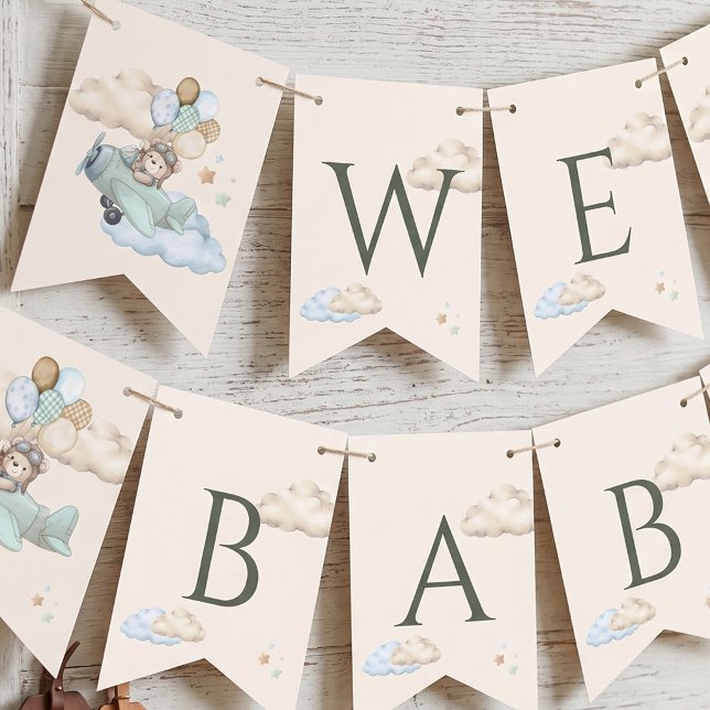 Flygar-Teddybjörn-Barnkalas-Girlang-Banner Vimplar (We Can Bearly Wait Baby Shower Buntin Bunting Flags)
