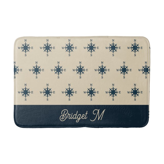 Flygblå kompass och monogram Beige Kusthem Badrumsmatta (Framsidan)
