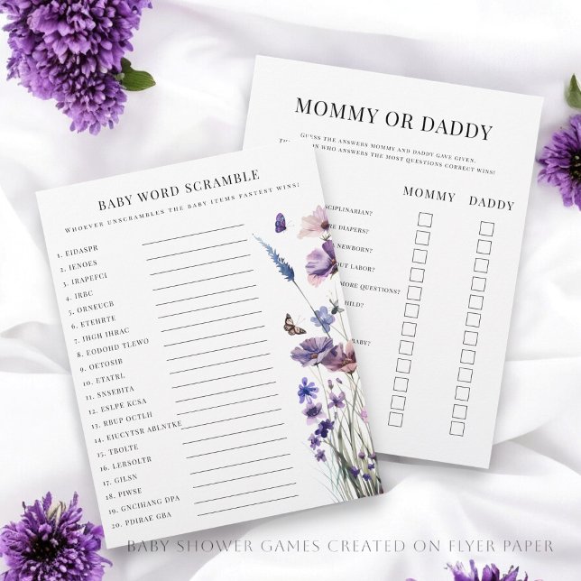 Flygblad för babyduschspel för dubbla (Baby shower games , created on  double sided flyer paper , creating two games for one sheet)