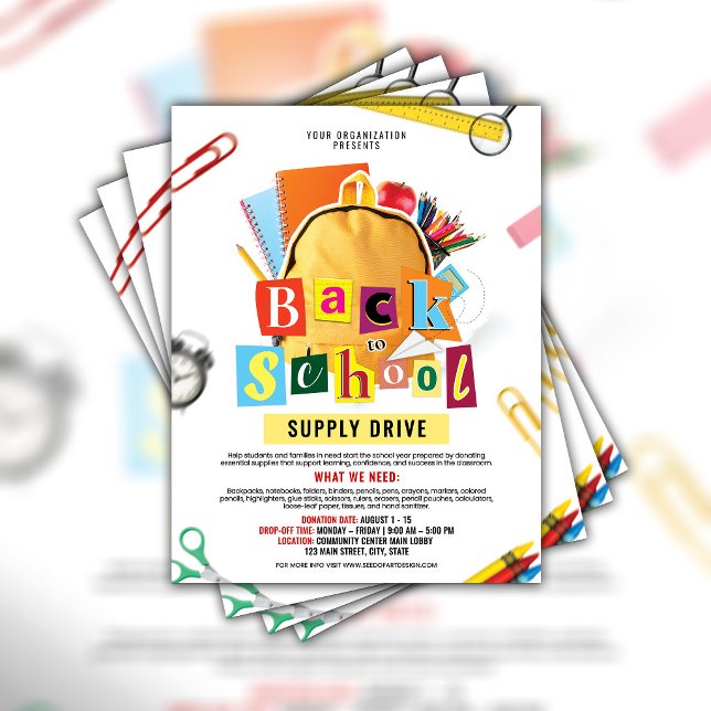 Flygbladsmall för skolstartkampanj reklamblad (Back To School Supply Drive Flyer)