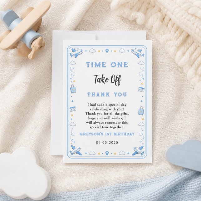 Flygblått Flygtid Ett 1:a Födelsedag Tack Kort (Aviation Blue Airplane Time One 1st Birthday Thank You Card  )