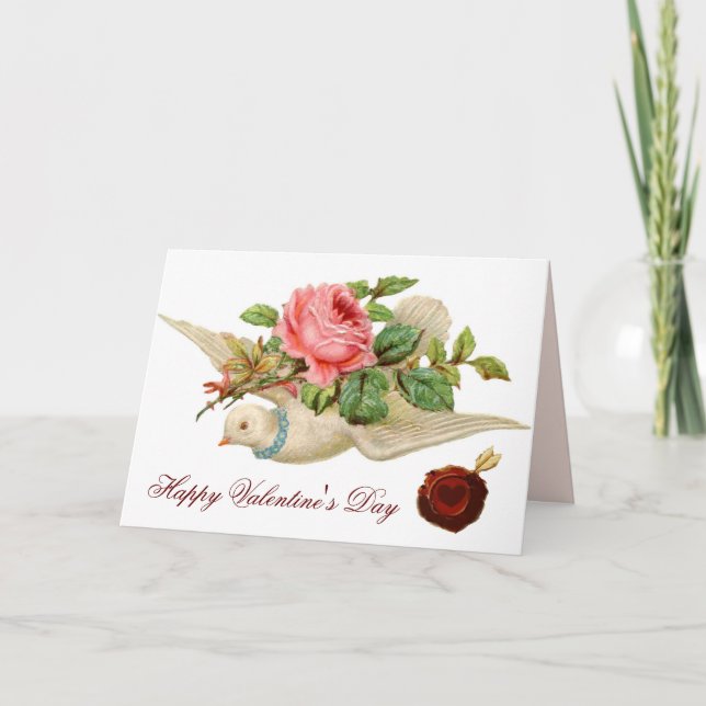 FLYGER DOVE MED ROSA ROS Alla hjärtans dag Helgkort (Framsida)