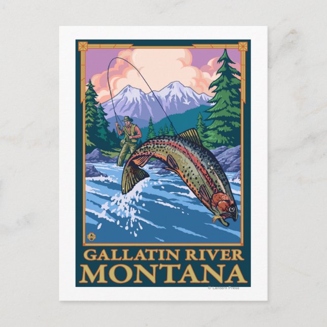 Flygfiske Scene - Gallatin River, Montana Vykort (Framsida)