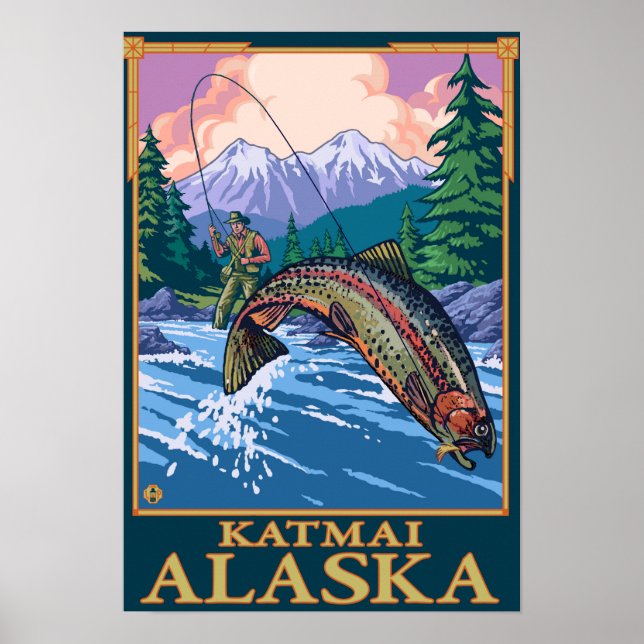 Flygfiske Scene - Katmai, Alaska Poster (Framsidan)