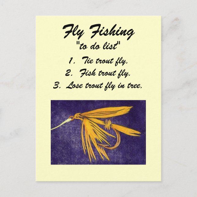 Flygfiske "to do list" vykort "Big Gult May" (Framsida)