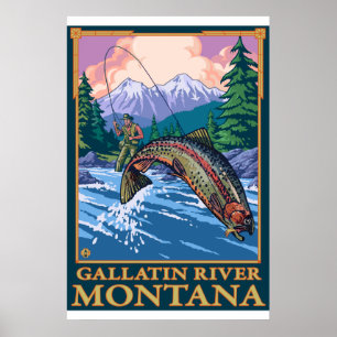 Flygfiskeplats - Gallatinflod, Montana Poster