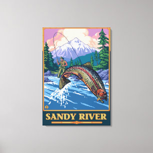 Flygfiskeplats - sandig flod, Oregon Canvastryck