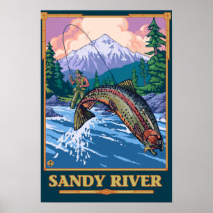 Flygfiskeplats - sandig flod, Oregon Poster