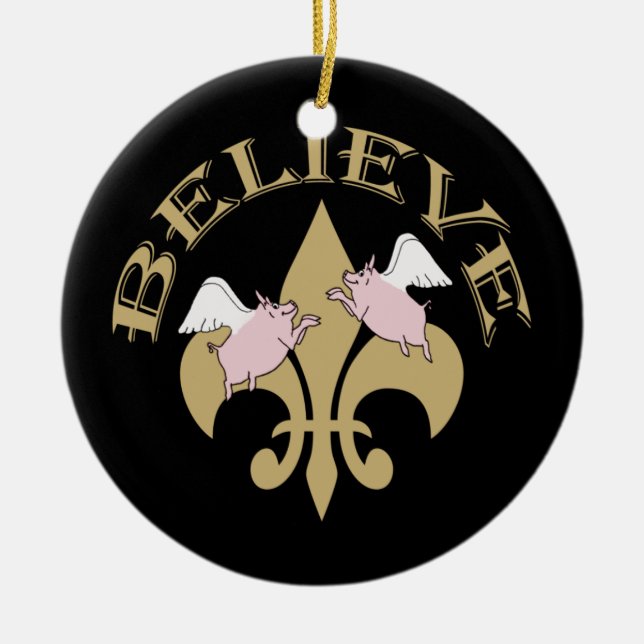 Flyggrisar tror svart Guld Fleur de Lis Julgransprydnad Keramik (Framsidan)