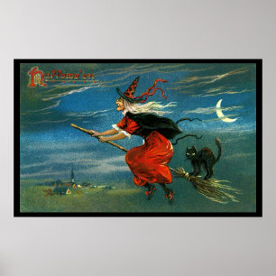 FlygHalloween häxa med katten Poster