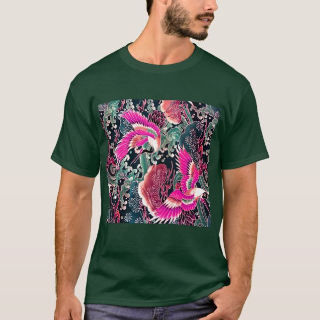 FLYGKRANER,VÅGAR,FLÖDEN Rosa Japansk Blommigt T Shirt (Framsida)