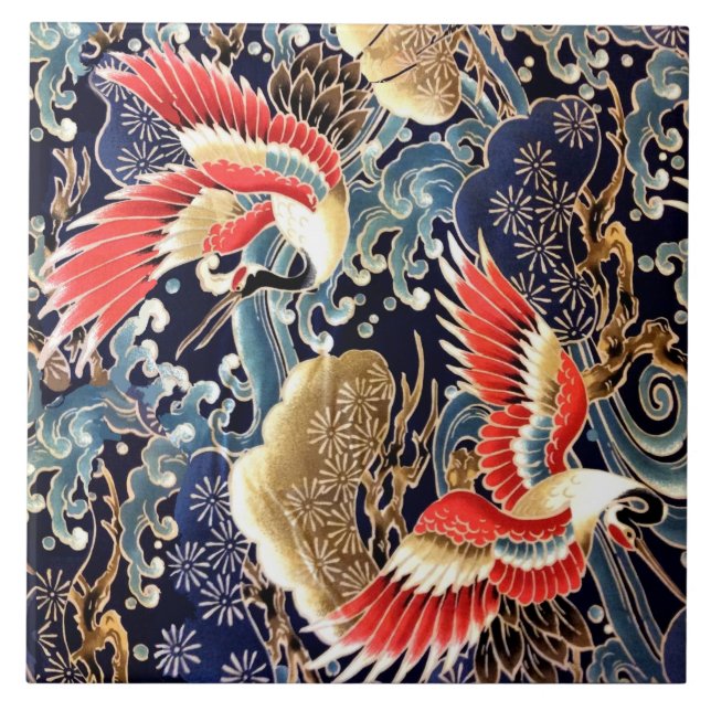 FLYGKRANER,VÅGAR,VÅR BLOMMOR japansk Blommigt Kakelplatta (Framsidan)