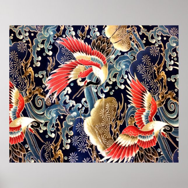 FLYGKRANER,VÅGAR,VÅR BLOMMOR japansk Blommigt Poster (Framsidan)