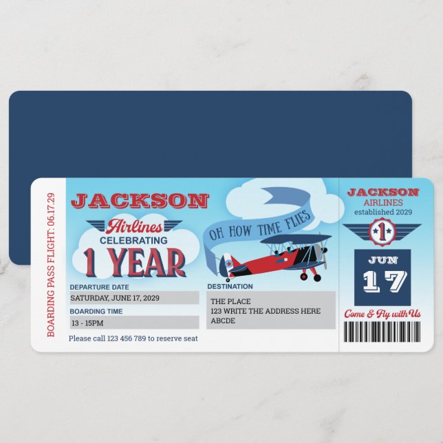 Flyglinje, Flygplan Biljett, boardingpass, första  Inbjudningar (Fram/baksida)