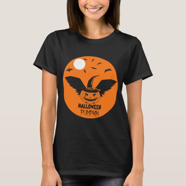 Flygning Halloween Pumpkin med Witch Hat och Fladd T Shirt (Framsida)