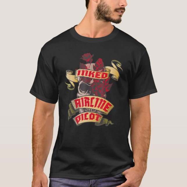 Flygpiloten Inställd Skull & Röd ros Tattoo T Shirt (Framsida)