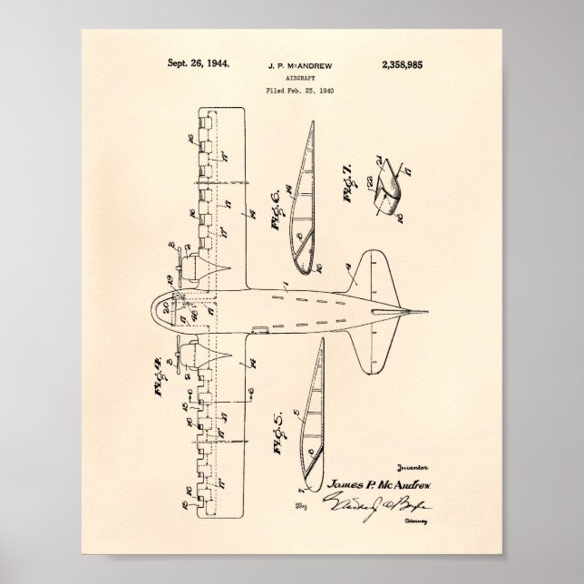 Flygplan 1944 Patent Art Old Peper Poster (Framsidan)