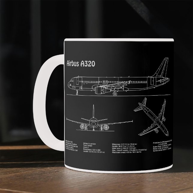 Flygplan Airbus A320 i ritning PD Kaffemugg (Airplane Airbus A320 in Blueprint Drawing PD. Coffee Mug)
