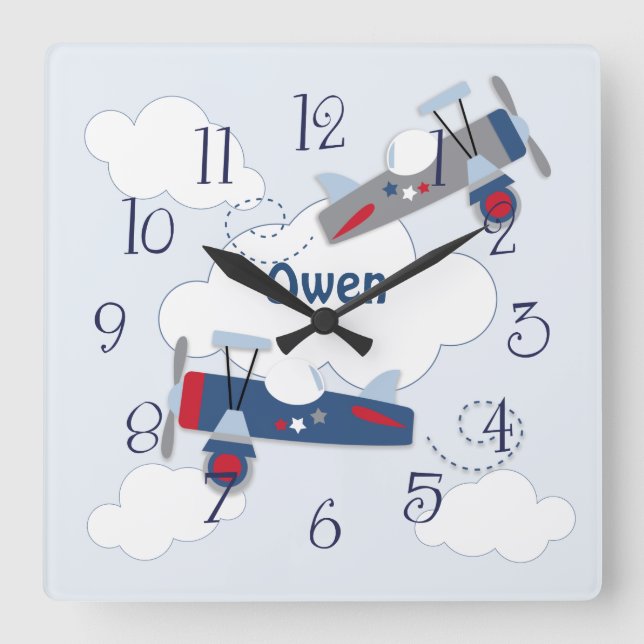 Flygplan Äventyr Pojke Nursery Clock Fyrkantig Klocka (Framsida)