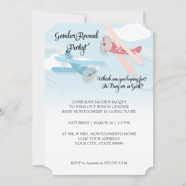 Flygplan Baby Gender Reveal Party Inbjudningskort (Framsida)