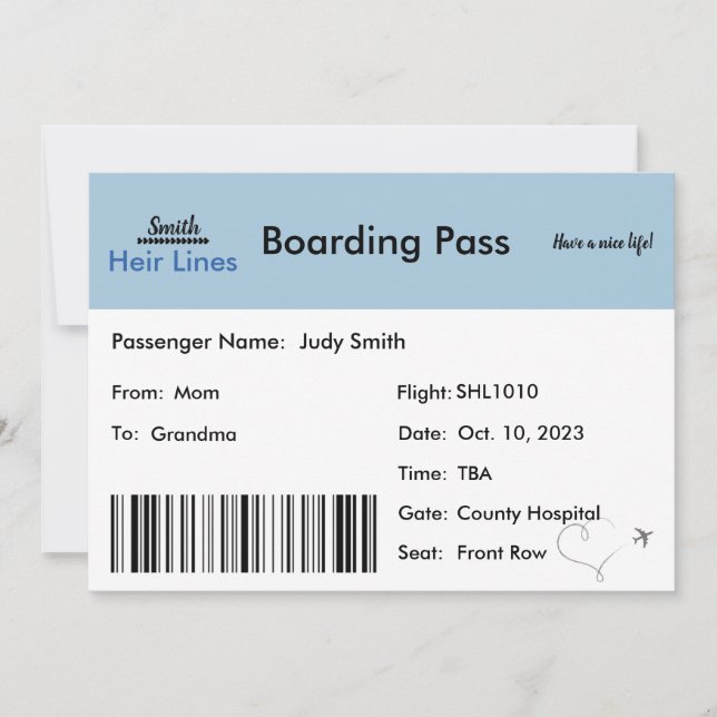 Flygplan Biljett-Gravidens meddelande till familje Inbjudningar (Framsida)