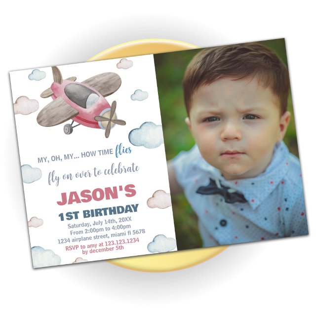 Flygplan Brun röd inbjudan på födelsedagen med fot (Airplane Birthday Invitations Brown Red with photo)