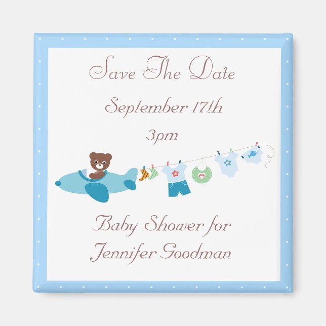 Flygplan & Clothesline Blue Save Date Baby Shower Magnet (Framsidan)