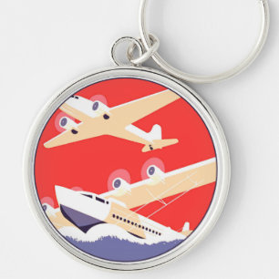 Flygplan flygande vintage WPA färgrik Rund Silverfärgad Nyckelring