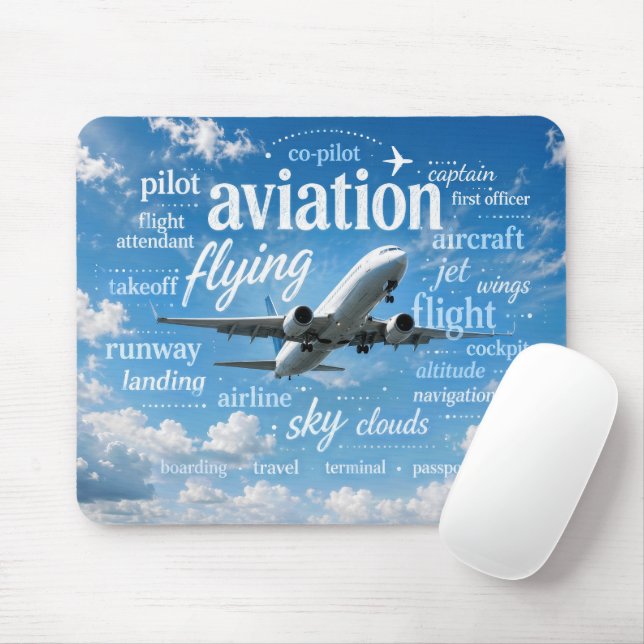 Flygplan flyger i ett ordmoln musmatta (Med mus)