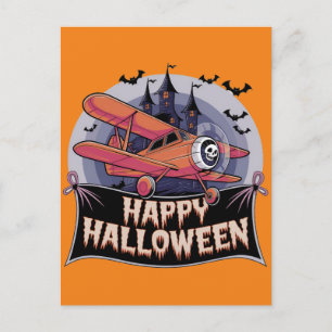 Flygplan flyger över glad halloween-banner vykort