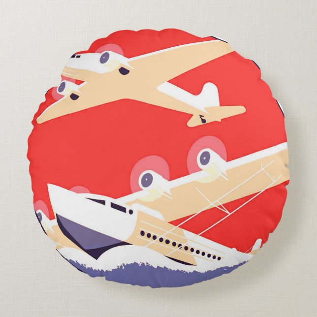Flygplan Flyger Vintage WPA Färgglad Rund Kudde (Framsidan)