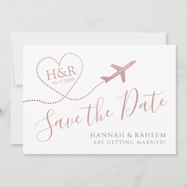 Flygplan Heart Rosa Cute Destinationsbröllop Spara Datumet (Framsida)
