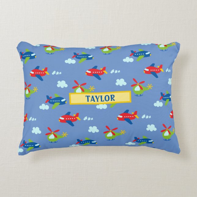 Flygplan, helikoptrar och molnteckning på Blue, Na Prydnadskudde (Framsidan)