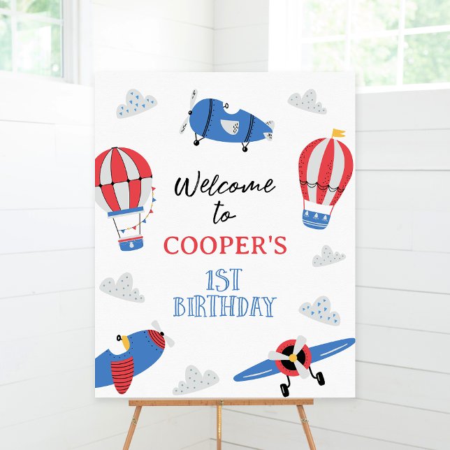 Flygplan Hur tiden fungerar 1:a födelsedag Välkoms Fototryck (Boys Plane How Time Flies 1st Birthday Welcome Sign, Airplanes Hot Air Balloons, Flying Welcome Sign)
