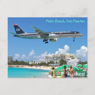 Flygplan landning över Maho Beach, Sint Maarten, S Vykort