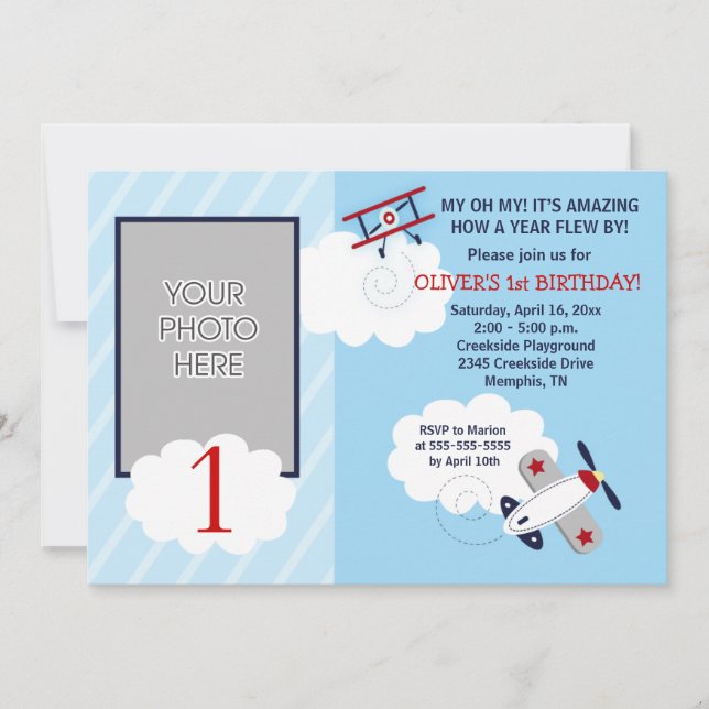 Flygplan Lilla Aviator Red/Blå fotofödelsedag Inbjudningar (Framsida)