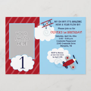Flygplan Lilla Aviator Red & Navy Photo Birday Inbjudningar