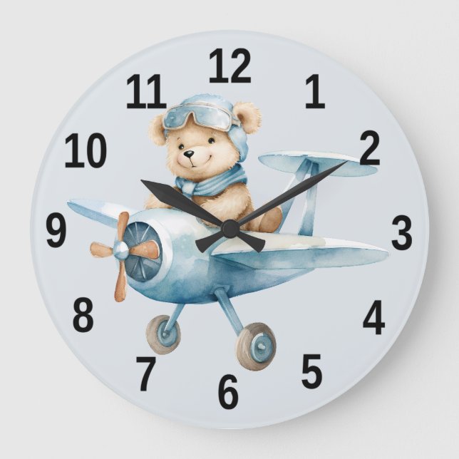 Flygplan Lycklig Blue Bear Pilot Stor Klocka (Framsida)
