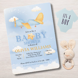Flygplan, moln och stjärnor, blått, Pojke, rött Inbjudningar